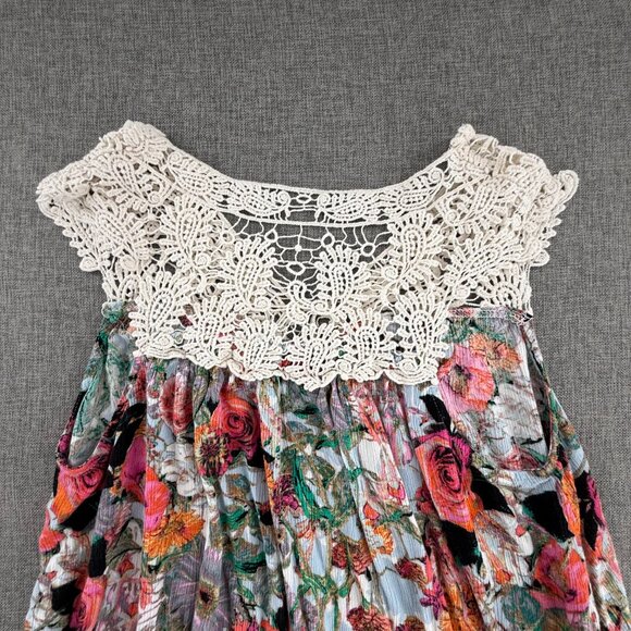 Umgee Mini Shift Dress Small Floral Crochet Neckline Cotton Blend V-Neck - Picture 9 of 11